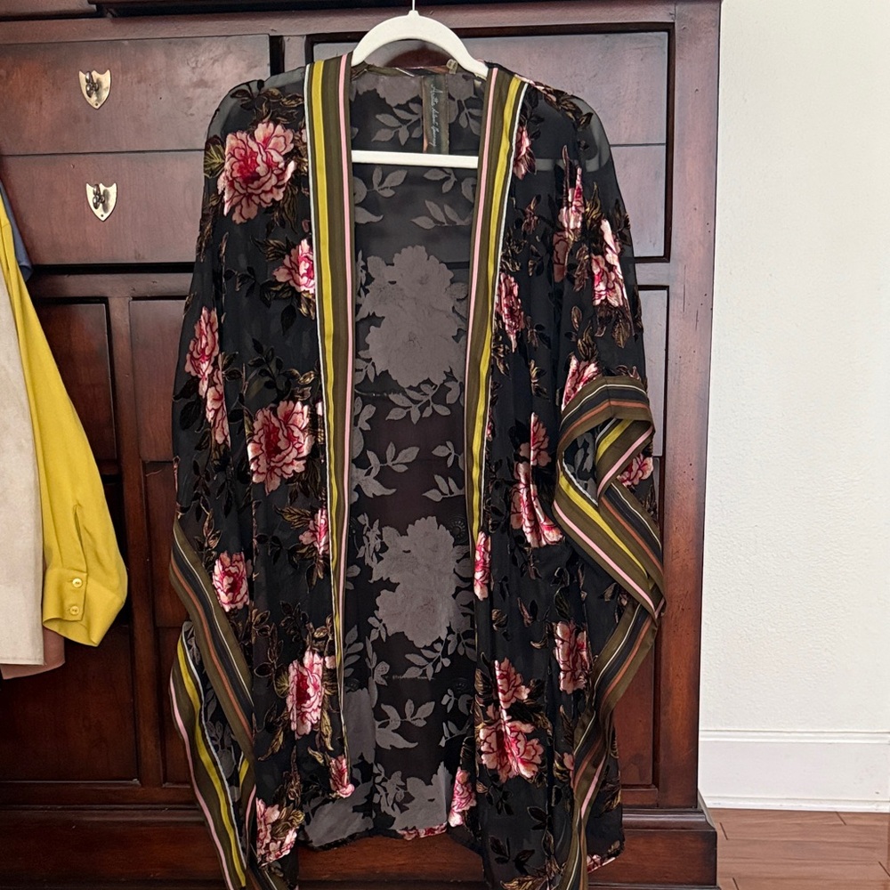 Black Kimono with Pink Floral and Striped Details